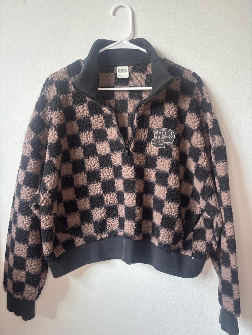 Victoria's Secret PINK Black and Mauve Checker Sherpa Pullover XL